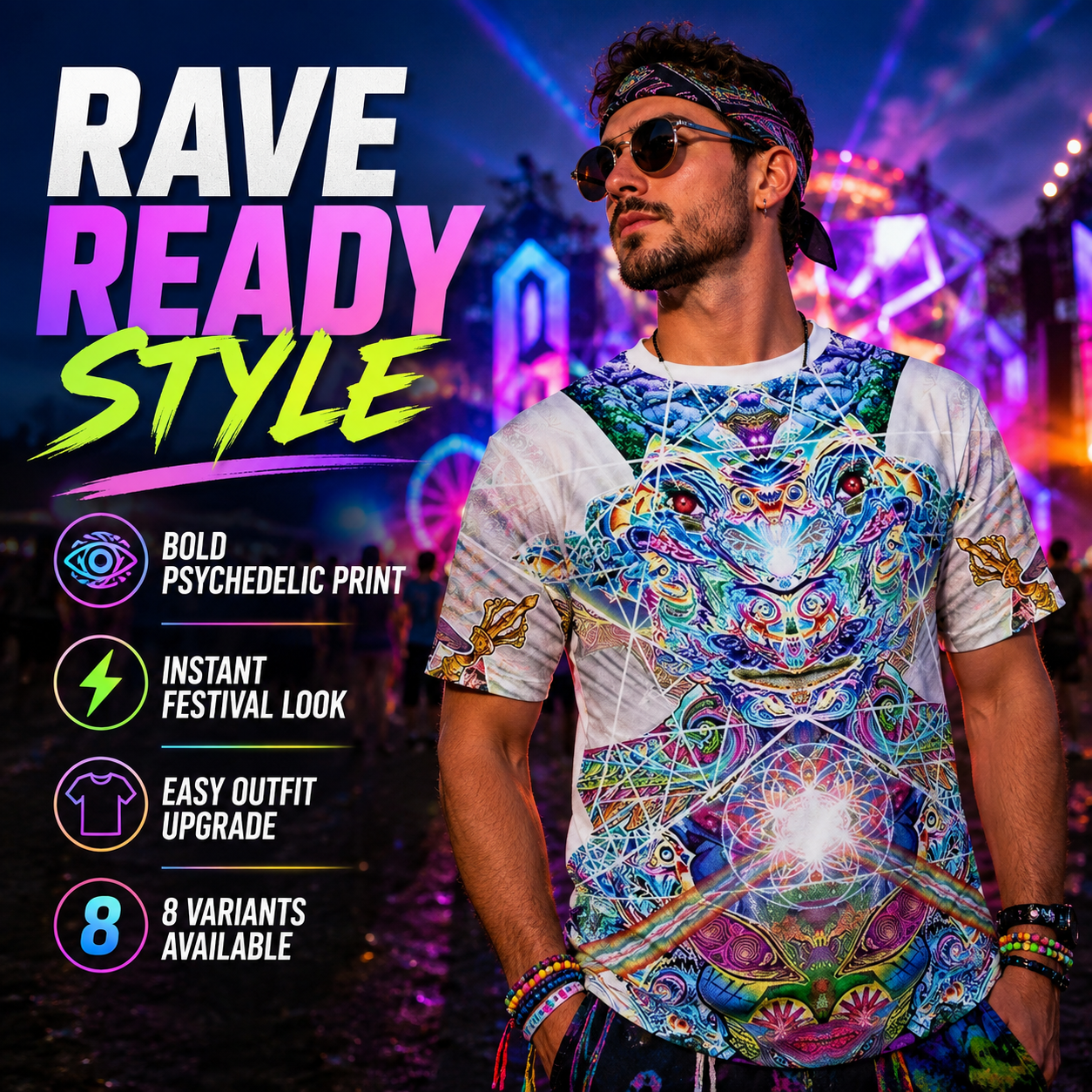 Men’s Psychedelic Rave T-Shirt – 8 Festival Designs -Man's Rave Outfits -Rave Mates