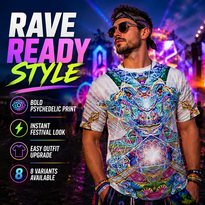 Men’s Psychedelic Rave T-Shirt – 8 Festival Designs -Man's Rave Outfits -Rave Mates