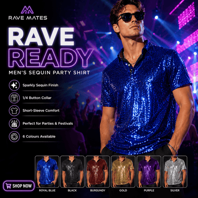 Men’s Sparkle Sequin Rave Polo Shirt – 6 Colours -Man's Rave Outfits -Rave Mates
