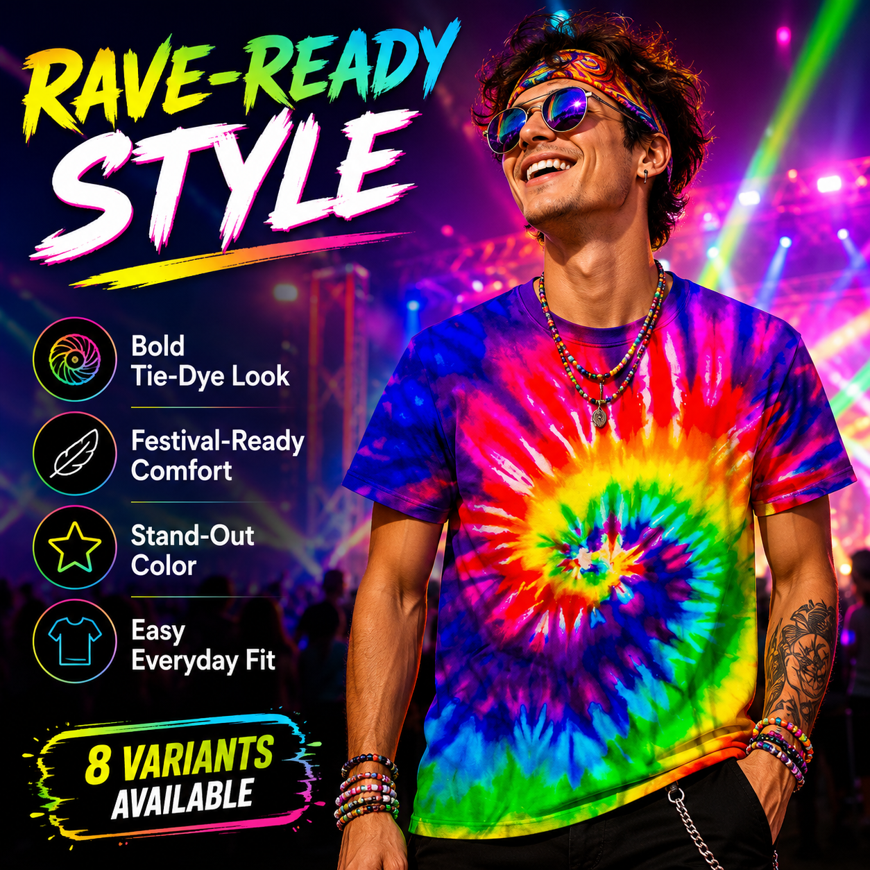 Men’s Tie-Dye Rave T-Shirt - 8 Colourful Designs -Man's Rave Outfits -Rave Mates