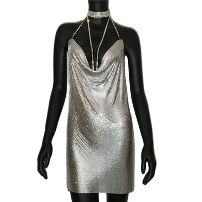 Metallic Halter Mini Dress – Night Out Ready Party Dress -Going Out Dresses -Rave Mates
