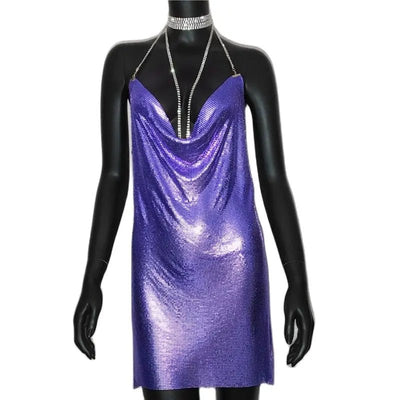 Metallic Halter Mini Dress – Night Out Ready Party Dress -Going Out Dresses -Rave Mates