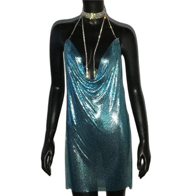 Metallic Halter Mini Dress – Night Out Ready Party Dress -Going Out Dresses -Rave Mates