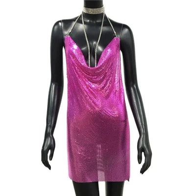 Metallic Halter Mini Dress – Night Out Ready Party Dress -Going Out Dresses -Rave Mates