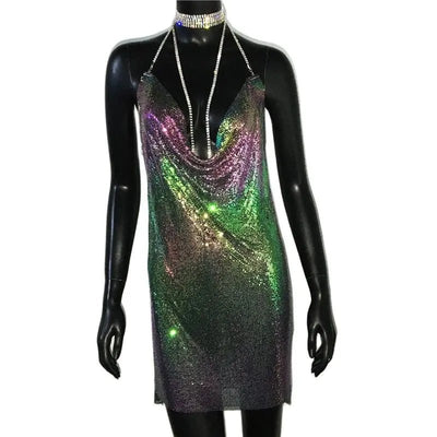 Metallic Halter Mini Dress – Night Out Ready Party Dress -Going Out Dresses -Rave Mates