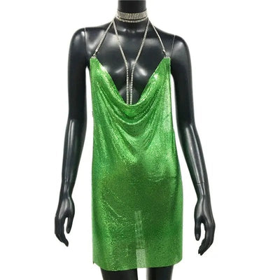 Metallic Halter Mini Dress – Night Out Ready Party Dress -Going Out Dresses -Rave Mates