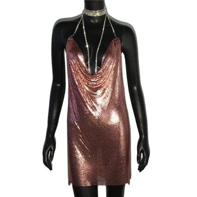 Metallic Halter Mini Dress – Night Out Ready Party Dress -Going Out Dresses -Rave Mates