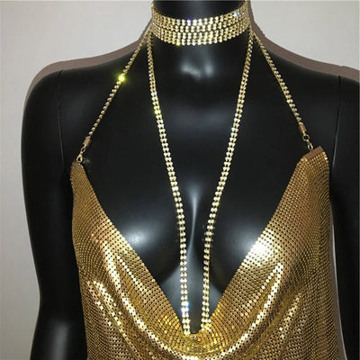 Metallic Halter Mini Dress – Night Out Ready Party Dress -Going Out Dresses -Rave Mates