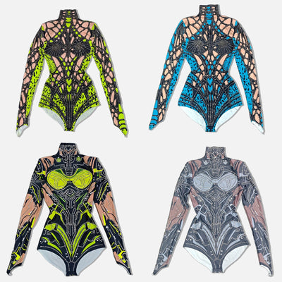 Neon Cut-Out Rhinestone Rave Bodysuit – 4 Style Choices -Rave Bodysuits -Rave Mates