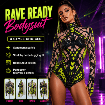 Neon Cut-Out Rhinestone Rave Bodysuit – 4 Style Choices -Rave Bodysuits -Rave Mates