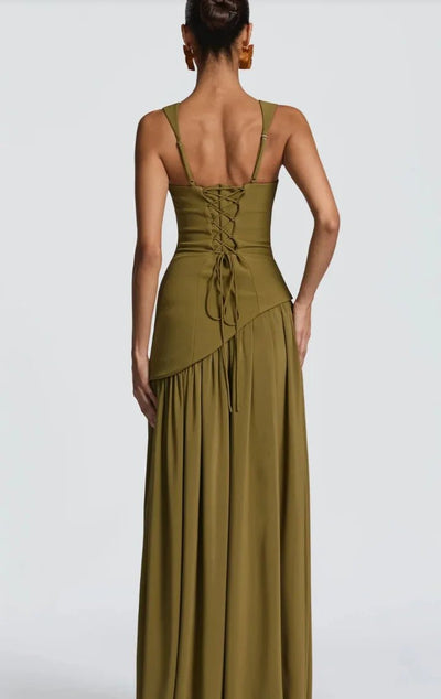 Olive Green Scarf Neck Maxi Dress – Going Out Ready -Going Out Dresses -Rave Mates