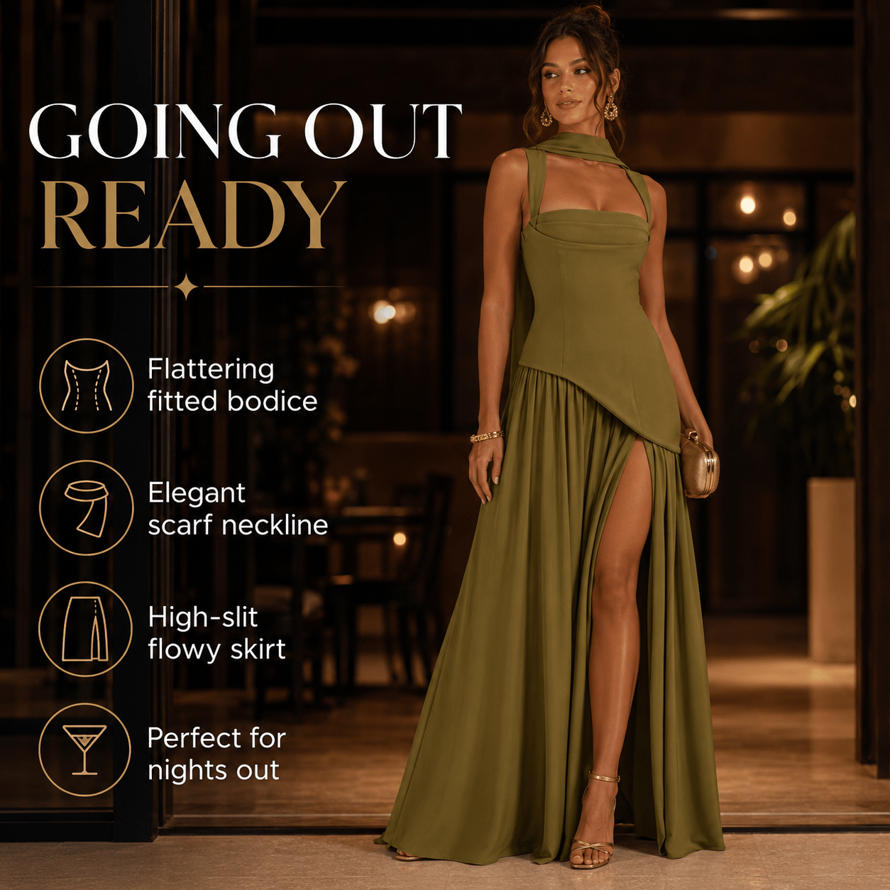 Olive Green Scarf Neck Maxi Dress – Going Out Ready -Going Out Dresses -Rave Mates