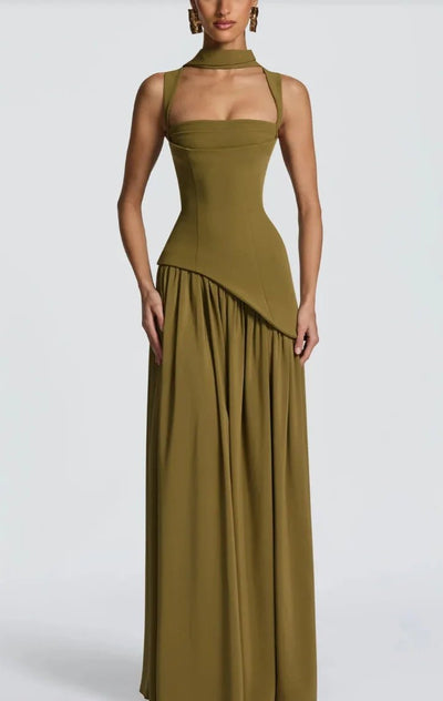 Olive Green Scarf Neck Maxi Dress – Going Out Ready -Going Out Dresses -Rave Mates