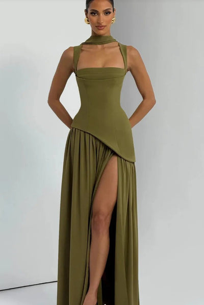Olive Green Scarf Neck Maxi Dress – Going Out Ready -Going Out Dresses -Rave Mates
