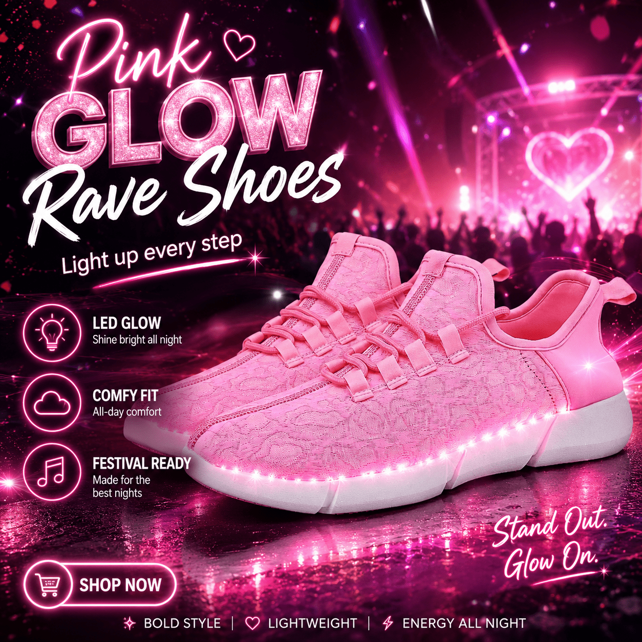 Pink LED Glow Rave Shoes – Light-Up Festival Sneaker size 25-46 -Rave Shoes -Rave Mates