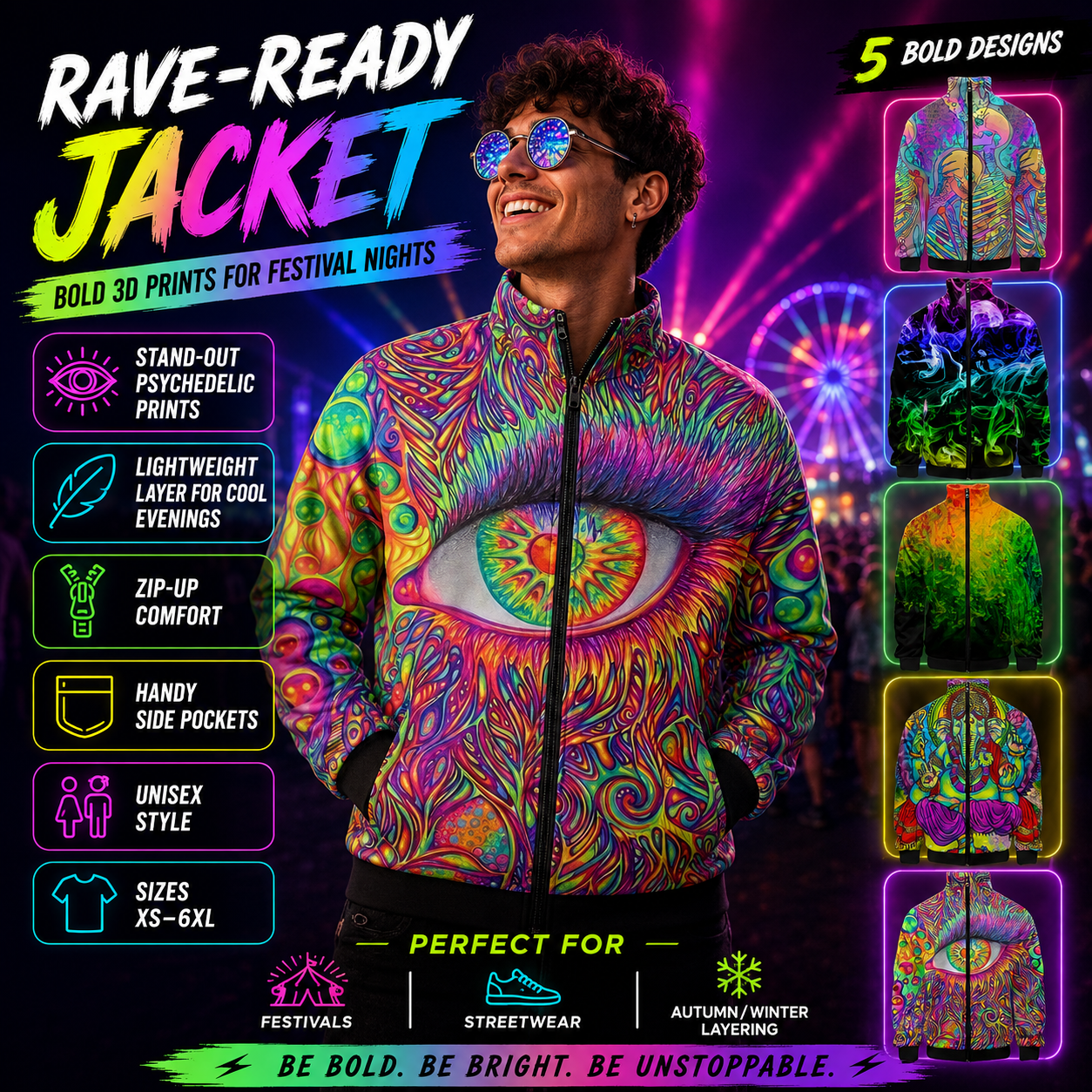 Psychedelic 3D Print Rave Jacket – Unisex Zip-Up Festival Coat -Man's Rave Outfits -Rave Mates