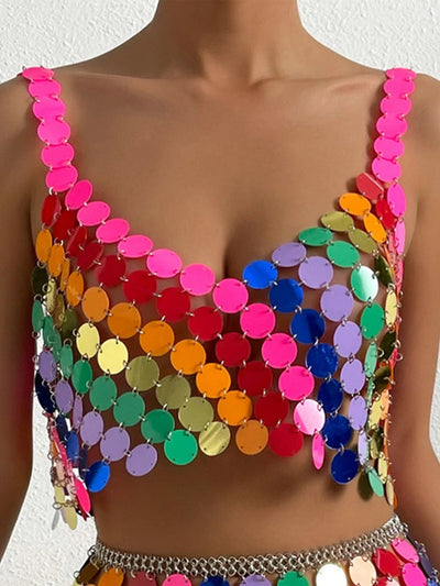 Rainbow Sequin Rave Outfit – Crop Top & Skirt Set -Women's Rave Outfits -Rave Mates