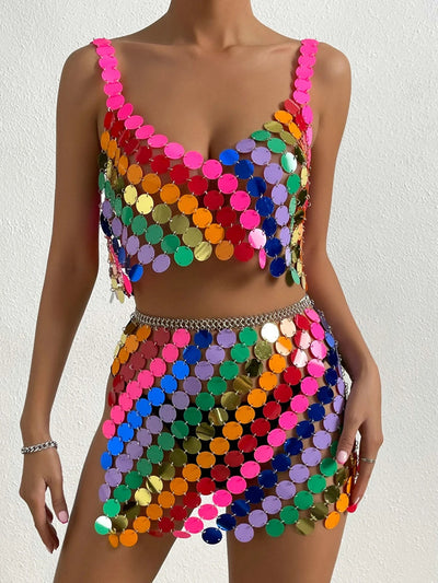 Rainbow Sequin Rave Outfit – Crop Top & Skirt Set -Women's Rave Outfits -Rave Mates