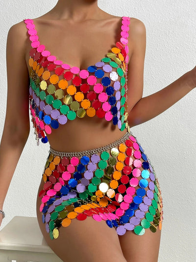 Rainbow Sequin Rave Outfit – Crop Top & Skirt Set -Women's Rave Outfits -Rave Mates