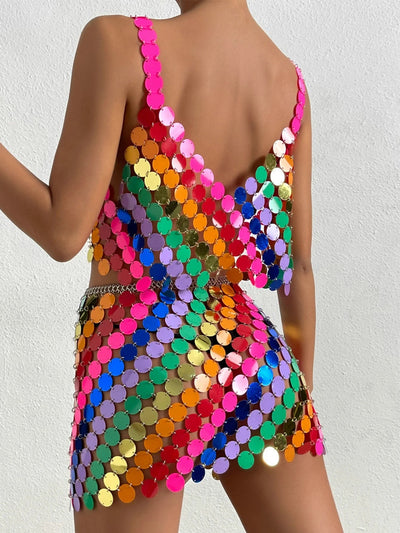 Rainbow Sequin Rave Outfit – Crop Top & Skirt Set -Women's Rave Outfits -Rave Mates