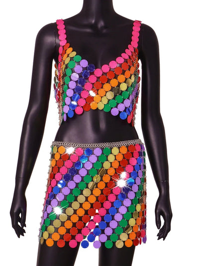 Rainbow Sequin Rave Outfit – Crop Top & Skirt Set -Women's Rave Outfits -Rave Mates