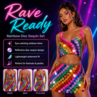 Rainbow Sequin Rave Outfit – Crop Top & Skirt Set -Women's Rave Outfits -Rave Mates