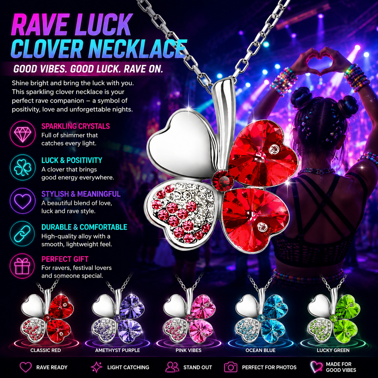 Rave Luck Crystal Clover Necklace -Rave Outfit Addons -Rave Mates