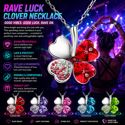 Rave Luck Crystal Clover Necklace -Rave Outfit Addons -Rave Mates
