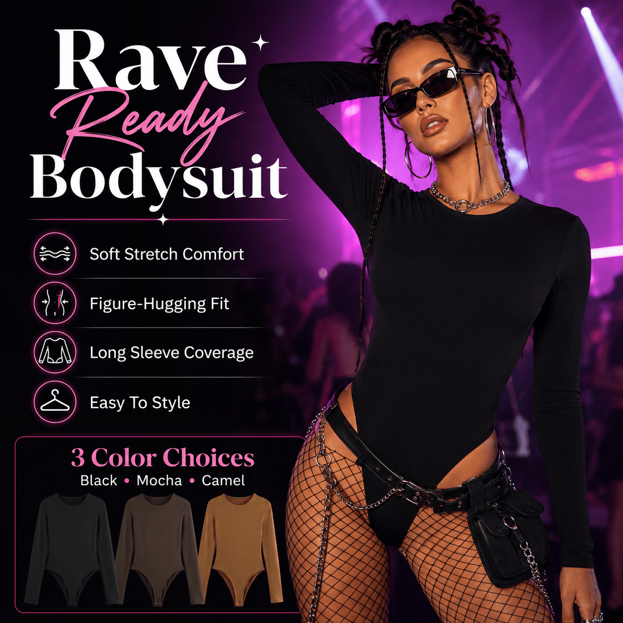 Rave Ready Long Sleeve Bodysuit – 3 Colour Choices -Rave Bodysuits -Rave Mates