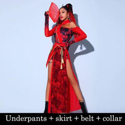 Red Dragon Rave Set – Festival Skirt, Belt & Collar Outfit -Women's Rave Outfits -Rave Mates