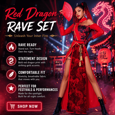 Red Dragon Rave Set – Festival Skirt, Belt & Collar Outfit -Women's Rave Outfits -Rave Mates