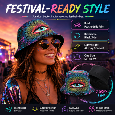 Reversible Psychedelic Eye Bucket Hat – Festival & Rave Hat -Rave Outfit Addons -Rave Mates