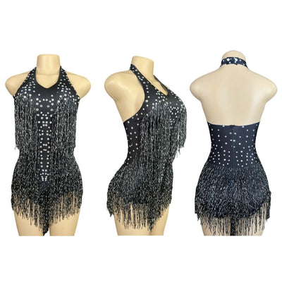 Rhinestone Fringe Rave Bodysuit – Halter Festival Costume -Rave Bodysuits -Rave Mates