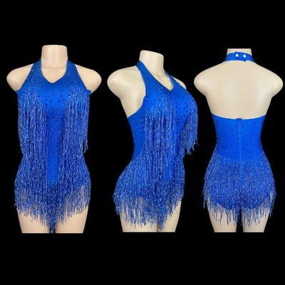 Rhinestone Fringe Rave Bodysuit – Halter Festival Costume -Rave Bodysuits -Rave Mates