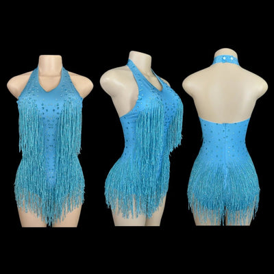 Rhinestone Fringe Rave Bodysuit – Halter Festival Costume -Rave Bodysuits -Rave Mates