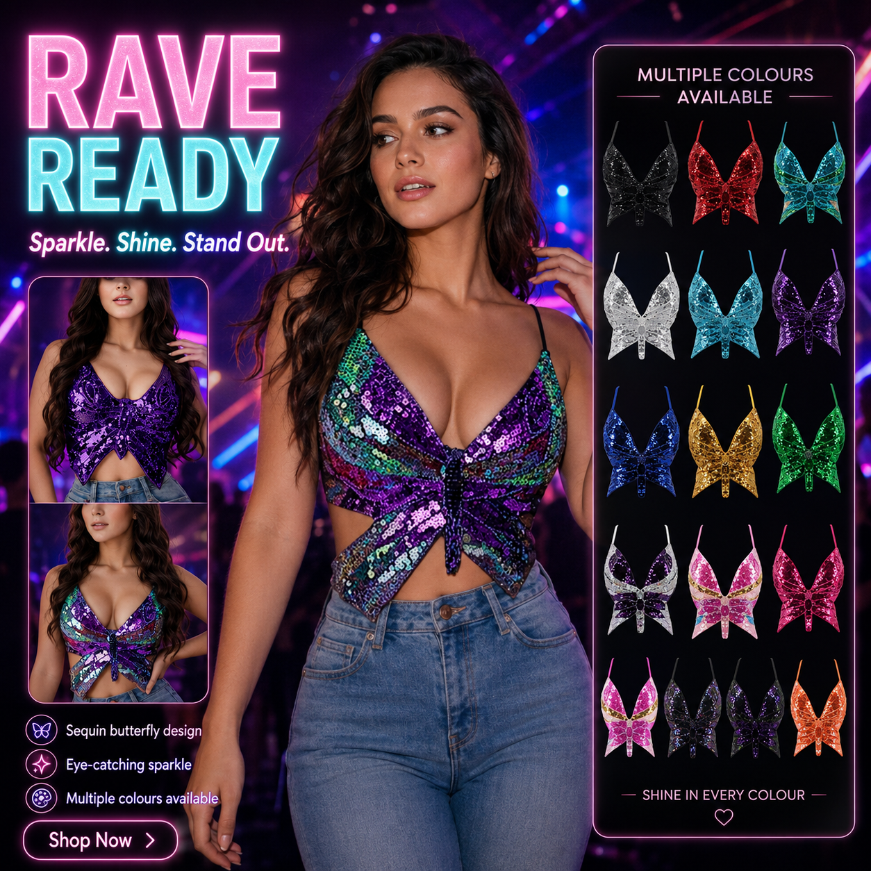 Sequin Butterfly Rave Top – Sparkly Festival Crop Top -Rave Bras -Rave Mates