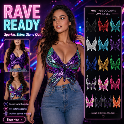 Sequin Butterfly Rave Top – Sparkly Festival Crop Top -Rave Bras -Rave Mates