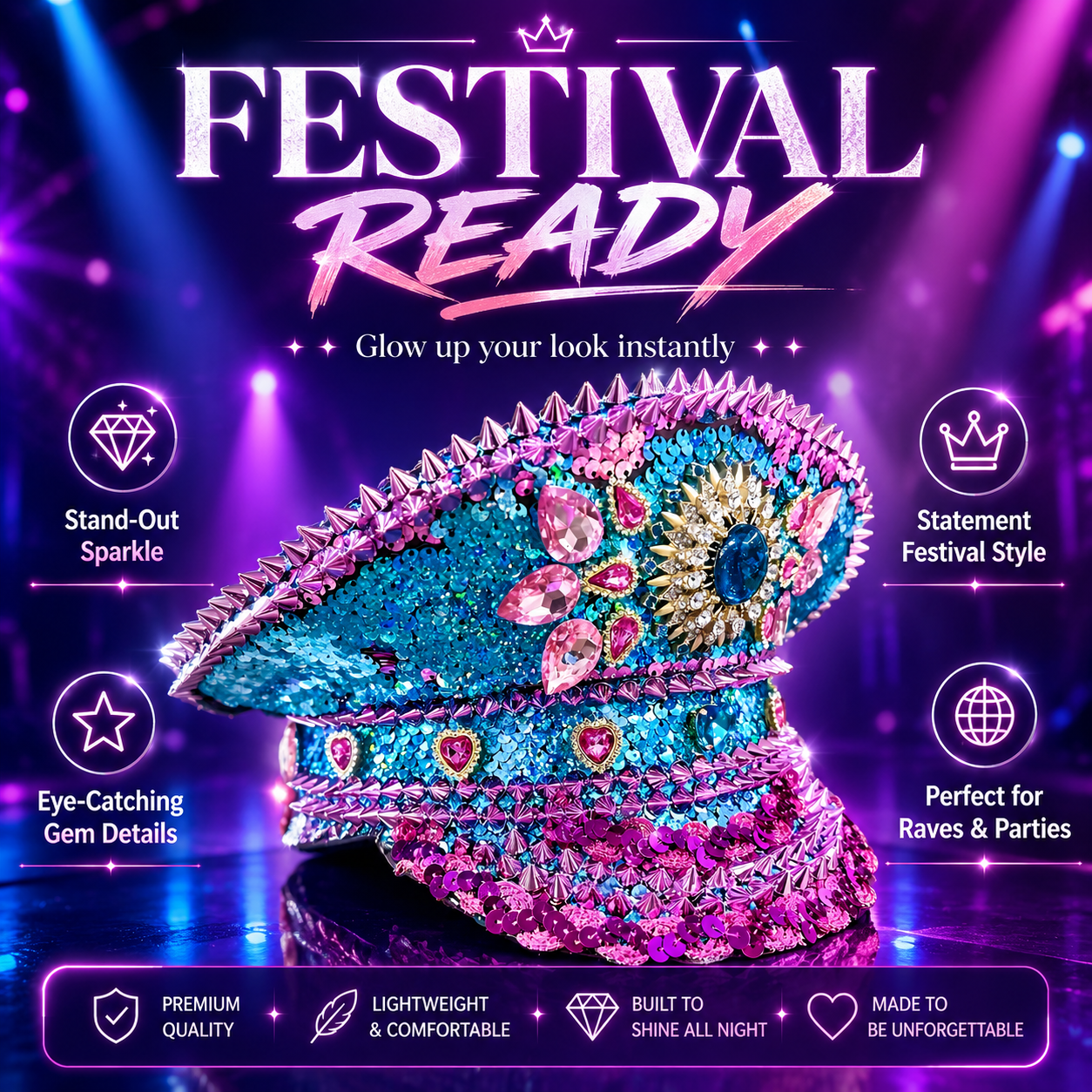 Sequin Festival Captain Hat with Gems – 20 Style Choices -Rave Accessories -Rave Mates