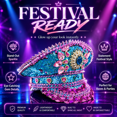 Sequin Festival Captain Hat with Gems – 20 Style Choices -Rave Accessories -Rave Mates