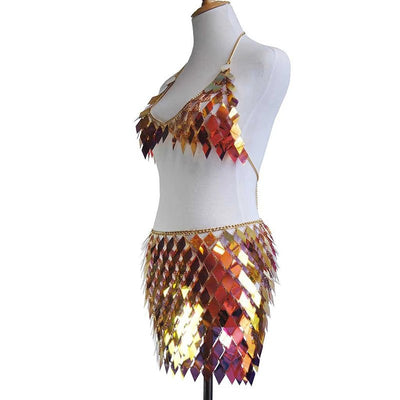 Sequin Festival Skirt Set – Halter Crop Top & Mini Skirt -Women's Rave Outfits -Rave Mates