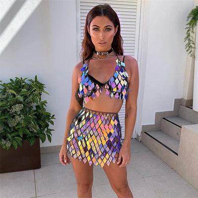 Sequin Festival Skirt Set – Halter Crop Top & Mini Skirt -Women's Rave Outfits -Rave Mates