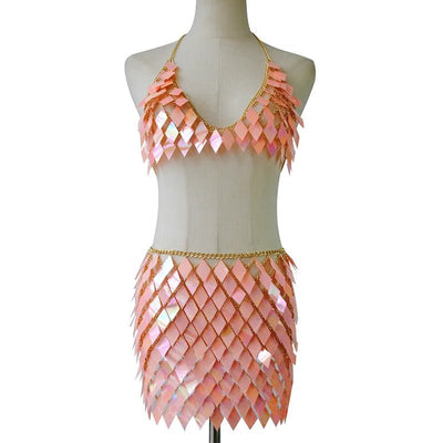 Sequin Festival Skirt Set – Halter Crop Top & Mini Skirt -Women's Rave Outfits -Rave Mates