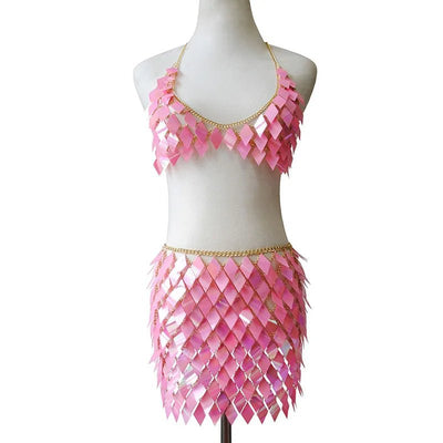 Sequin Festival Skirt Set – Halter Crop Top & Mini Skirt -Women's Rave Outfits -Rave Mates