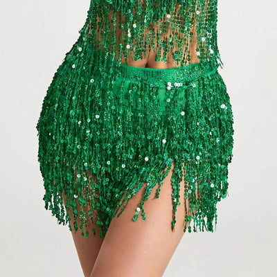 Sequin Fringe Rave Skirt – Sparkly Festival Dance Skirt -Rave Bras -Rave Mates