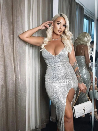 Silver Sequin Thigh-Slit Midi Dress -Going Out Dresses -Rave Mates