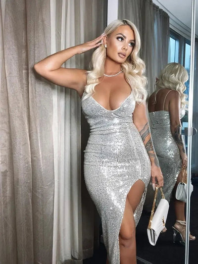 Silver Sequin Thigh-Slit Midi Dress -Going Out Dresses -Rave Mates