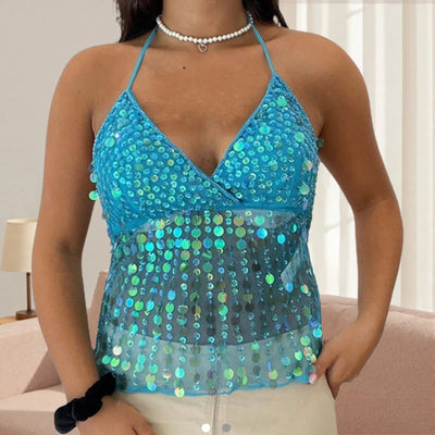 Sparkly Sequin Mesh Rave Top – Festival Halter Crop Top -Rave Crop Tops -Rave Mates