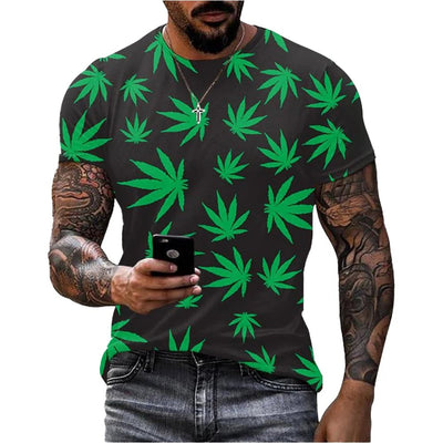 Summer hot selling creative 3D printed weed leaf T-shirt with casual personality and fashionable street short sleeves - Rave Mates