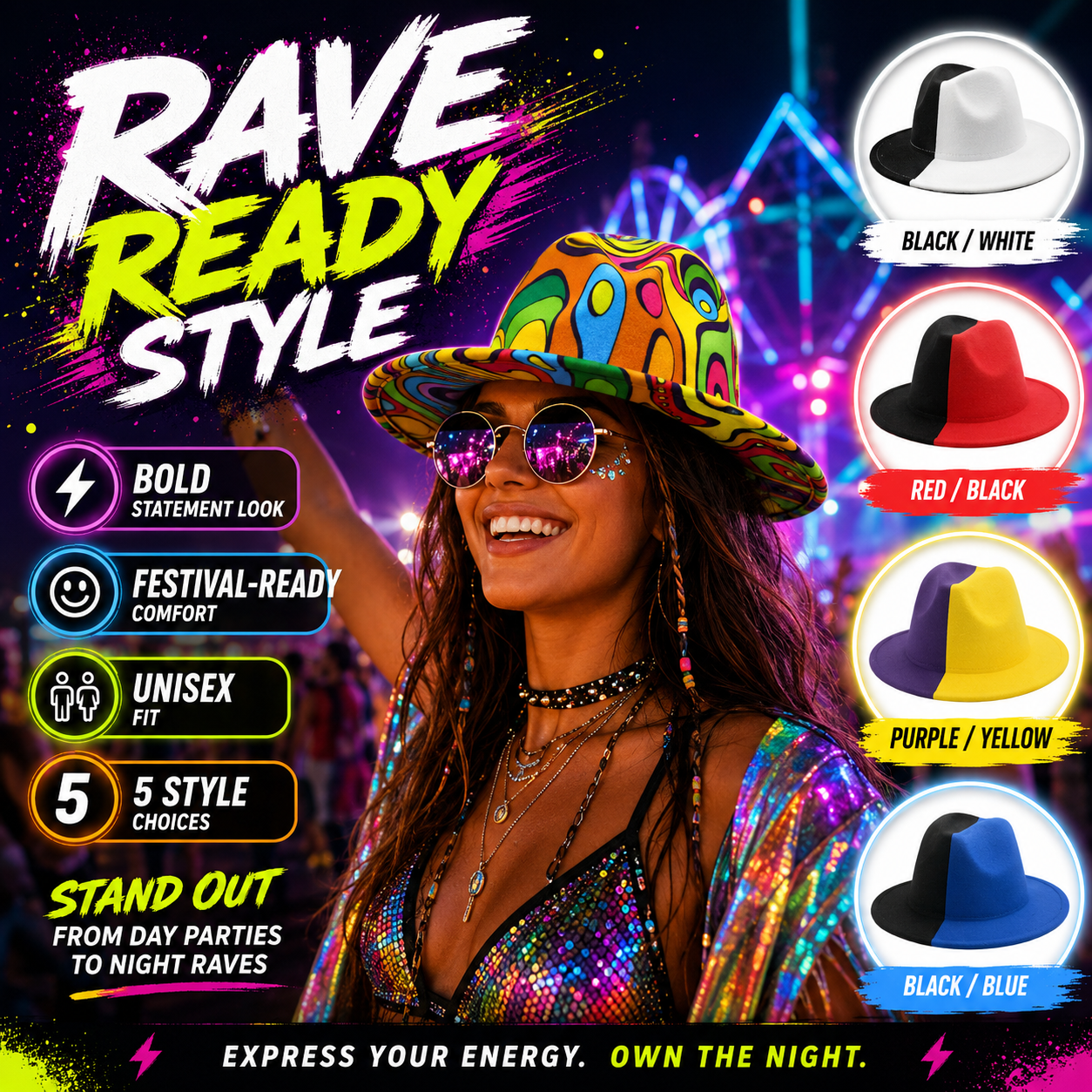 Two-Tone Wide-Brim Rave Hat – Festival Statement Fedora -Rave Outfit Addons -Rave Mates