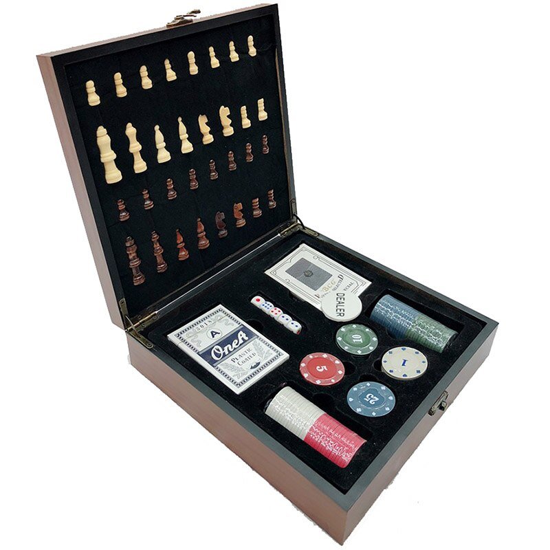 Wooden Chess Pieces Board Poker Set Chips Dices Family Friends Entertainment Krahn Tray -0 -Rave Mates